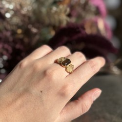 Bague ajustable Or - Oeil de Tigre ovale & Quartz rutile rectangle