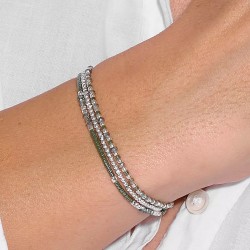 Bracelet 3 tours élastiqué SANTA-GIULIA argent - Perles vert kaki TAILLE M