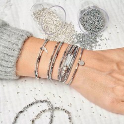 Bracelet 3 tours élastiqué OLINDA argent - Perles grises TAILLE S