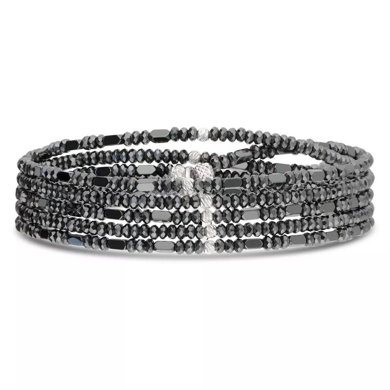 Bracelet élastique 5 tours en argent LE BRUT - Perles de verre Gris - DORIANE Bijoux