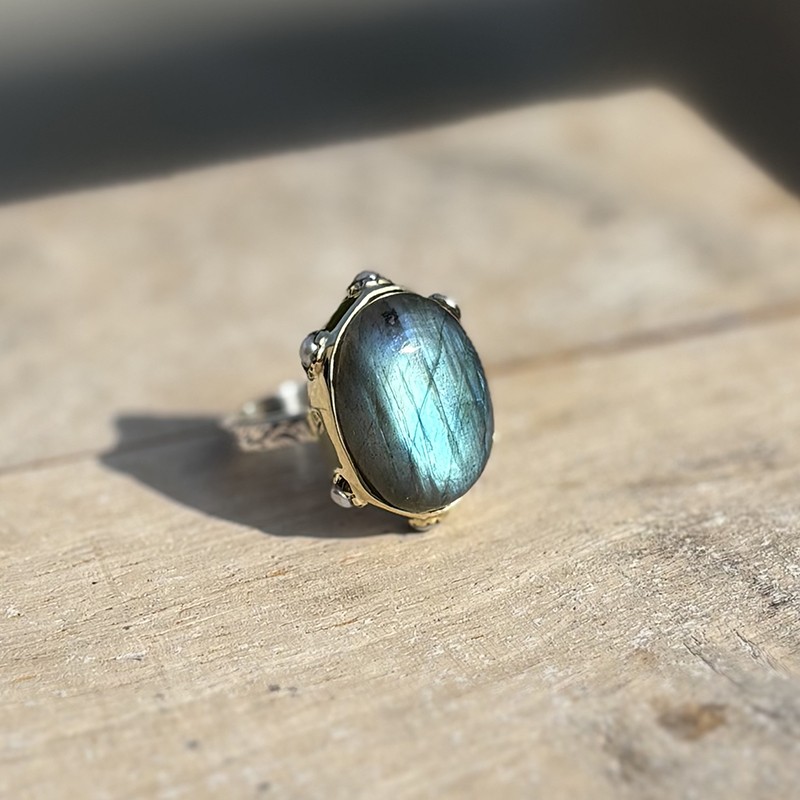 Bague large argent doré - Labradorite & zircons multicolores - CANYON