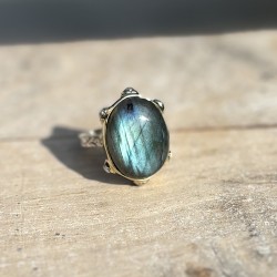 Bague large argent doré - Labradorite & zircons multicolores TAILLE 56