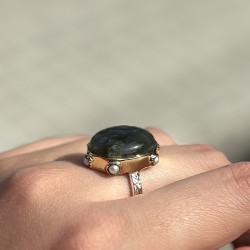 Bague large argent doré - Labradorite & zircons multicolores TAILLE 56