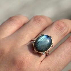 Bague large argent doré - Labradorite & zircons multicolores TAILLE 56