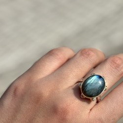 Bague large argent doré - Labradorite & zircons multicolores TAILLE 56