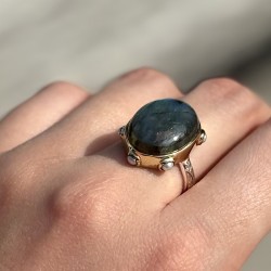 Bague large argent doré - Labradorite & zircons multicolores TAILLE 56