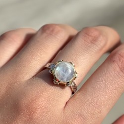 Bague argent doré - Anneau ethnique Pierre de lune & Perles blanches TAILLE 54