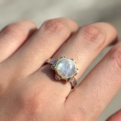 Bague argent doré - Anneau ethnique Pierre de lune & Perles blanches TAILLE 54