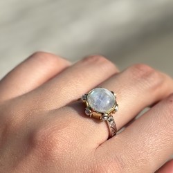 Bague argent doré - Anneau ethnique Pierre de lune & Perles blanches TAILLE 54