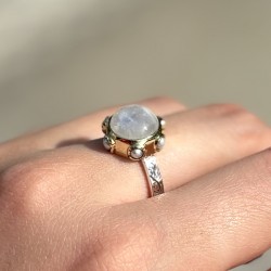 Bague argent doré - Anneau ethnique Pierre de lune & Perles blanches TAILLE 54