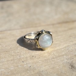 Bague argent doré - Anneau ethnique Pierre de lune & Perles blanches TAILLE 54