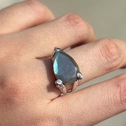 Bague en argent - Anneau ethnique Labradorite & Petites Perles blanches TAILLE 58