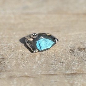 Bague argent doré - Anneau ethnique Labradorite & Perles blanches - CANYON