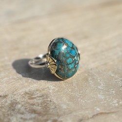 Bague argent doré - Anneau fin Turquoise & Petites perles blanches TAILLE 52