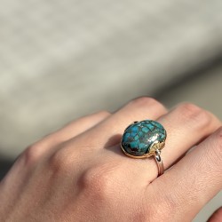 Bague argent doré - Anneau fin Turquoise & Petites perles blanches TAILLE 52