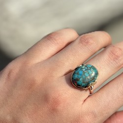 Bague argent doré - Anneau fin Turquoise & Petites perles blanches TAILLE 52