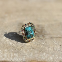 Bague argent - Anneau ethnique Turquoise & Perles multicolores - CANYON