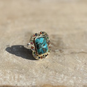 Bague argent - Anneau ethnique Turquoise & Perles multicolores - CANYON