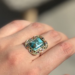 Bague argent doré - Turquoise rectangulaire & Zircons multicolores TAILLE 52