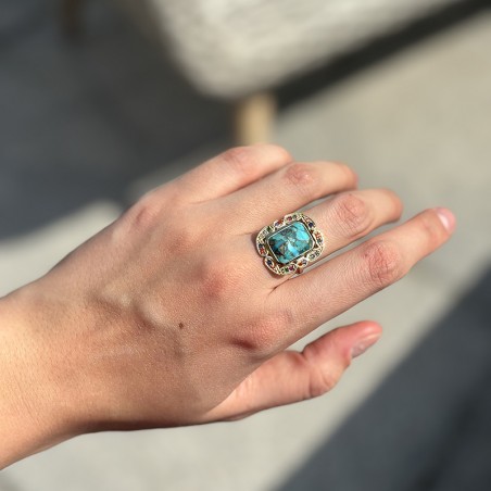 Bague argent doré - Anneau fin Turquoise & Petites perles blanches TAILLE 52