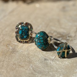 Bague argent doré - Anneau fin Turquoise & Petites perles blanches TAILLE 52