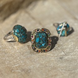 Bague argent doré - Turquoise, lignes entrecroisées & Zircons blancs TAILLE 58