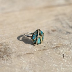Bague argent doré - Turquoise, lignes entrecroisées & Zircons blancs TAILLE 58