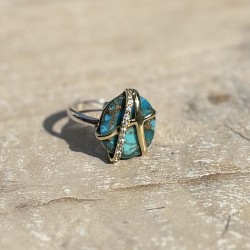 Bague argent doré - Anneau ethnique Turquoise & Zircons blancs - CANYON