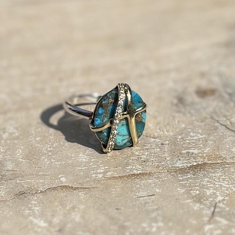 Bague argent doré - Anneau ethnique Turquoise & Zircons blancs - CANYON