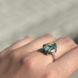 Bague argent doré - Turquoise, lignes entrecroisées & Zircons blancs TAILLE 58