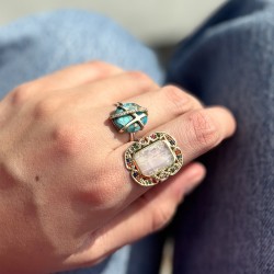 Bague argent doré - Turquoise, lignes entrecroisées & Zircons blancs TAILLE 58