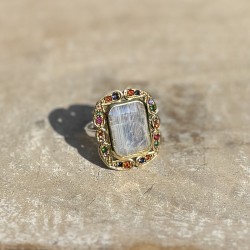 Bague argent - Anneau ethnique Pierre de Lune & Perles multicolores - CANYON