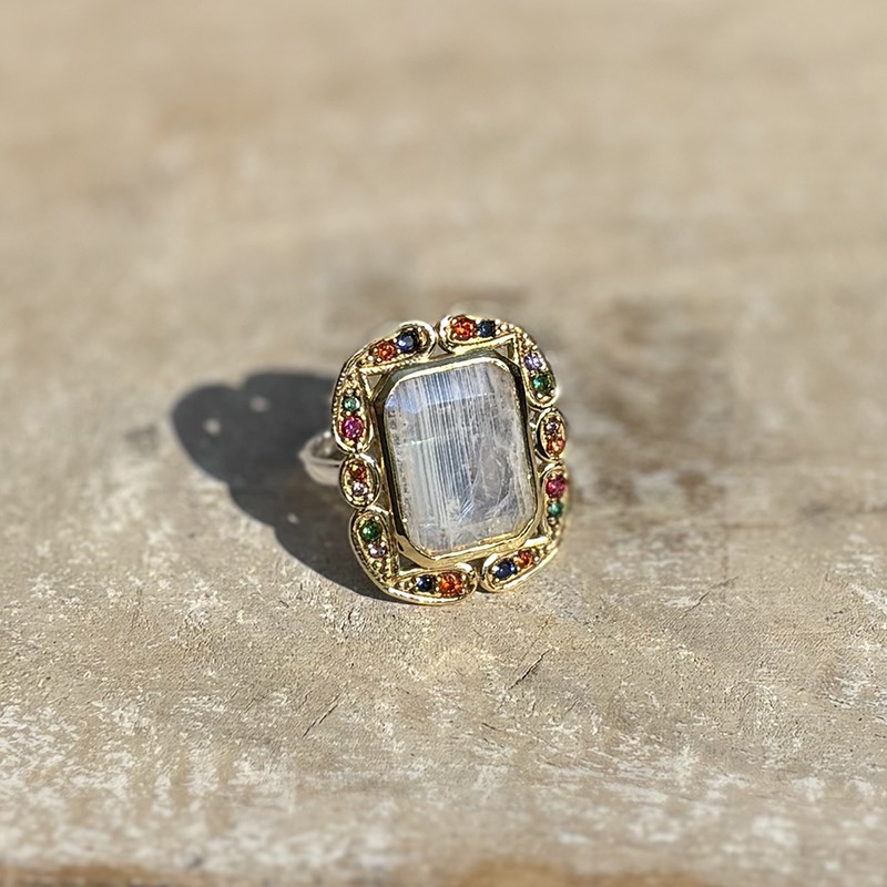 Bague argent - Anneau ethnique Pierre de Lune & Perles multicolores - CANYON