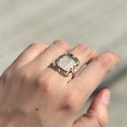 Bague argent doré - Pierre de Lune rectangulaire & Zircons multicolores TAILLE 58