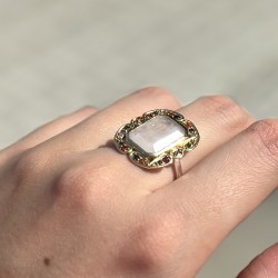 Bague argent doré - Pierre de Lune rectangulaire & Zircons multicolores TAILLE 58