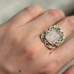 Bague argent doré - Pierre de Lune rectangulaire & Zircons multicolores TAILLE 58