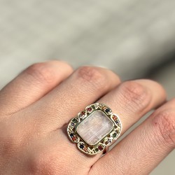 Bague argent doré - Pierre de Lune rectangulaire & Zircons multicolores TAILLE 58