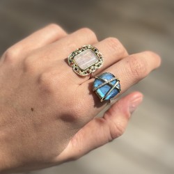 Bague argent doré - Pierre de Lune rectangulaire & Zircons multicolores TAILLE 58