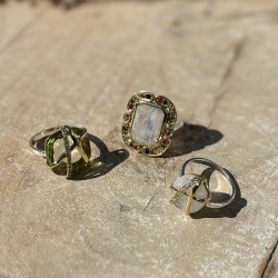 Bague argent doré - Pierre de Lune rectangulaire & Zircons multicolores TAILLE 58