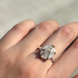 argent doré - Anneau ethnique Pierre de Lune & Zircons blancs TAILLE 58