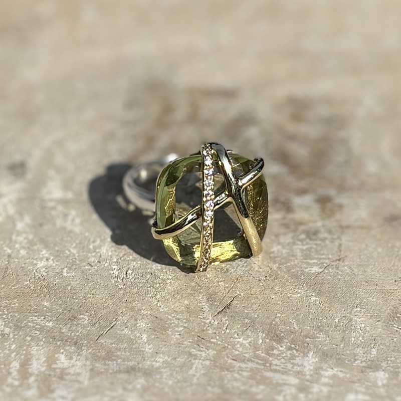 Bague argent doré - Anneau ethnique Zircon vert & Zircons blancs - CANYON