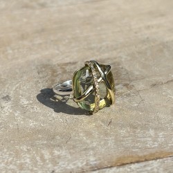 Bague argent doré - Zircon améthyste vert, lignes entrecroisées & Zircons blancs TAILLE 56