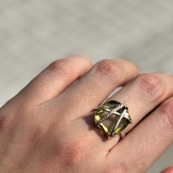 Bague argent doré - Zircon améthyste vert, lignes entrecroisées & Zircons blancs TAILLE 56