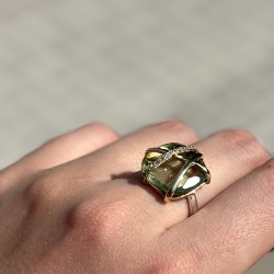 Bague argent doré - Zircon améthyste vert, lignes entrecroisées & Zircons blancs TAILLE 56