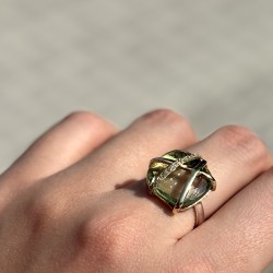 Bague argent doré - Zircon améthyste vert, lignes entrecroisées & Zircons blancs TAILLE 56