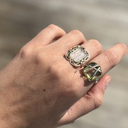 Bague argent doré - Zircon améthyste vert, lignes entrecroisées & Zircons blancs TAILLE 56