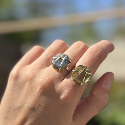 Bague argent doré - Labradorite, lignes entrecroisées & Zircons blancs TAILLE 52