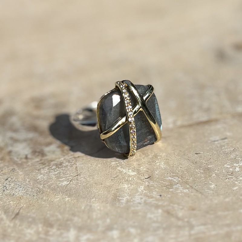 Bague argent doré - Labradorite, lignes entrecroisées & Zircons blancs CANYON BIJOUX