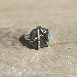 Bague argent doré - Labradorite, lignes entrecroisées & Zircons blancs TAILLE 52