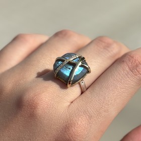 Bague argent doré - Anneau ethnique Turquoise & Zircons blancs - CANYON